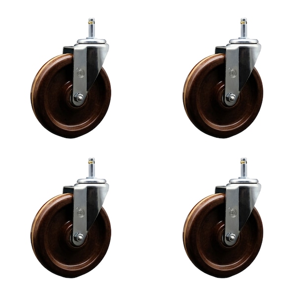 6'' High Temp Phenolic Wheel Swivel 7/16'' Grip Ring Stem Caster Set, 4PK